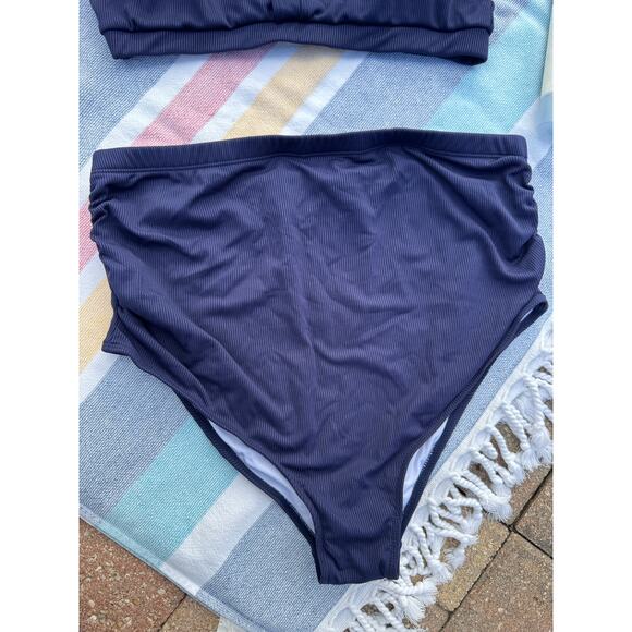 NWOT, Brand Unknown, Navy Ribbed High-wasted Bikini Set, Sz L - Picture 3 of 11
